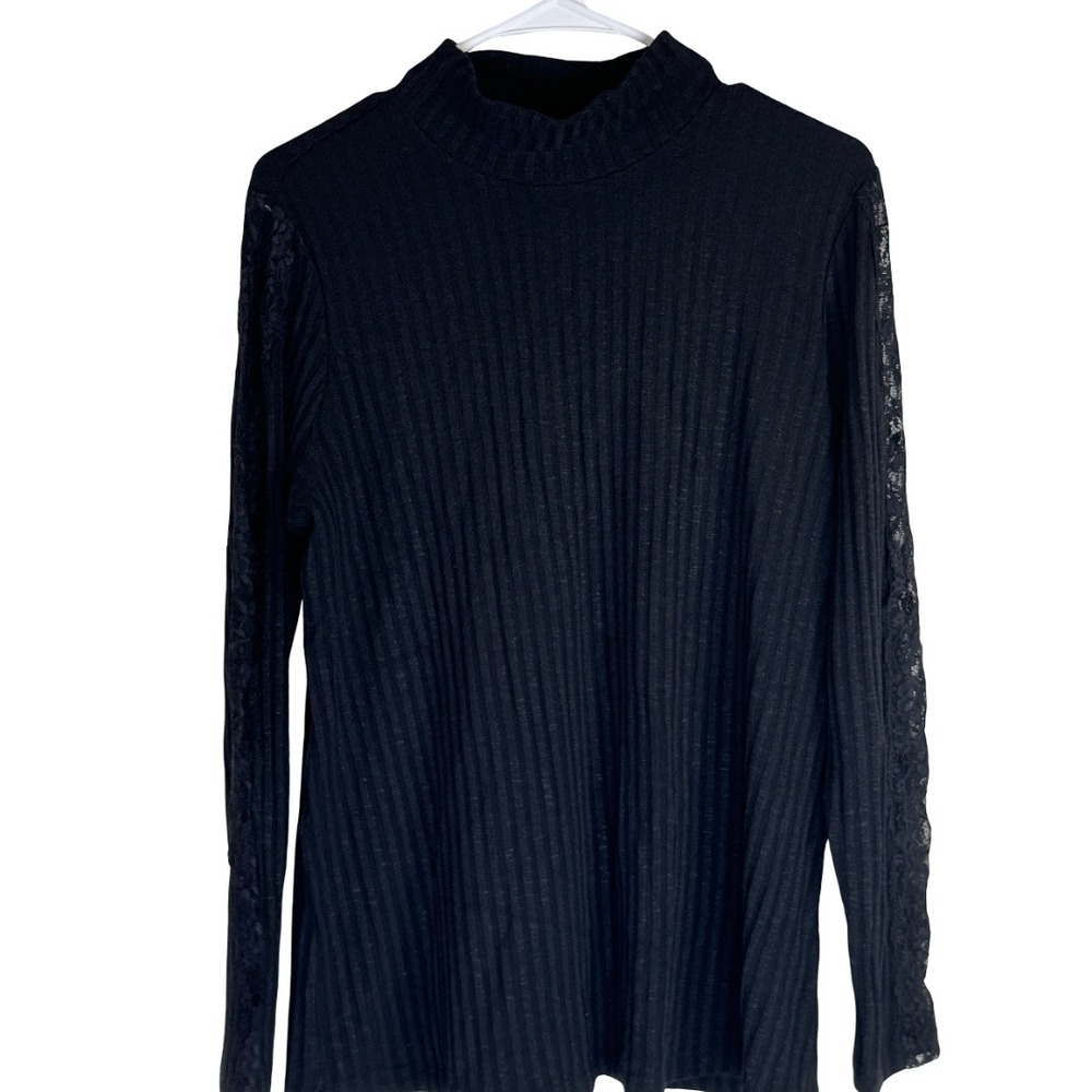 Susan Graver Mock Neck Top Womens Medium Black Ribbed Lace Inset Sleeve A658816